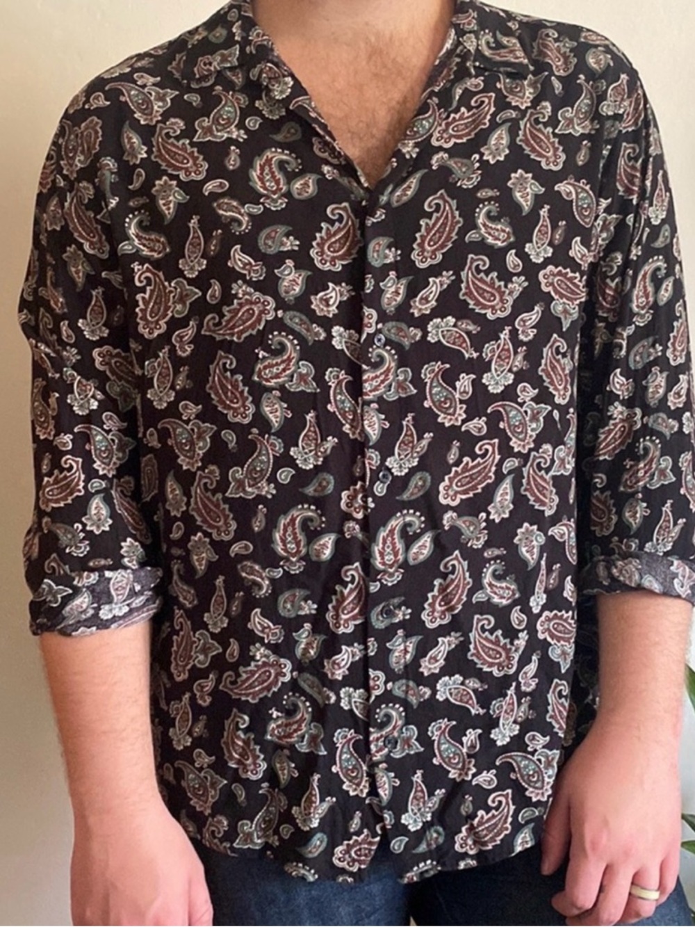 H&M Men's Black Paisley Button-Up Shirt